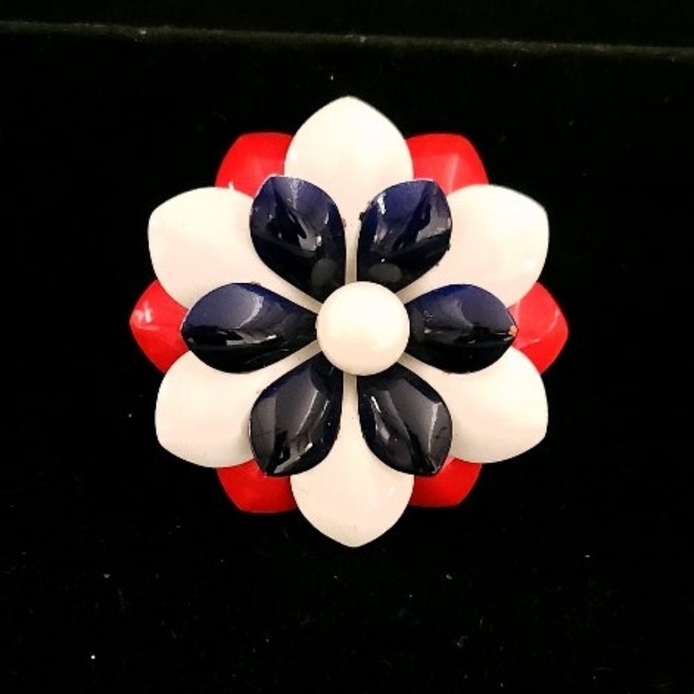Vintage Patriotic Red, White & Blue Flower Brooch Pin